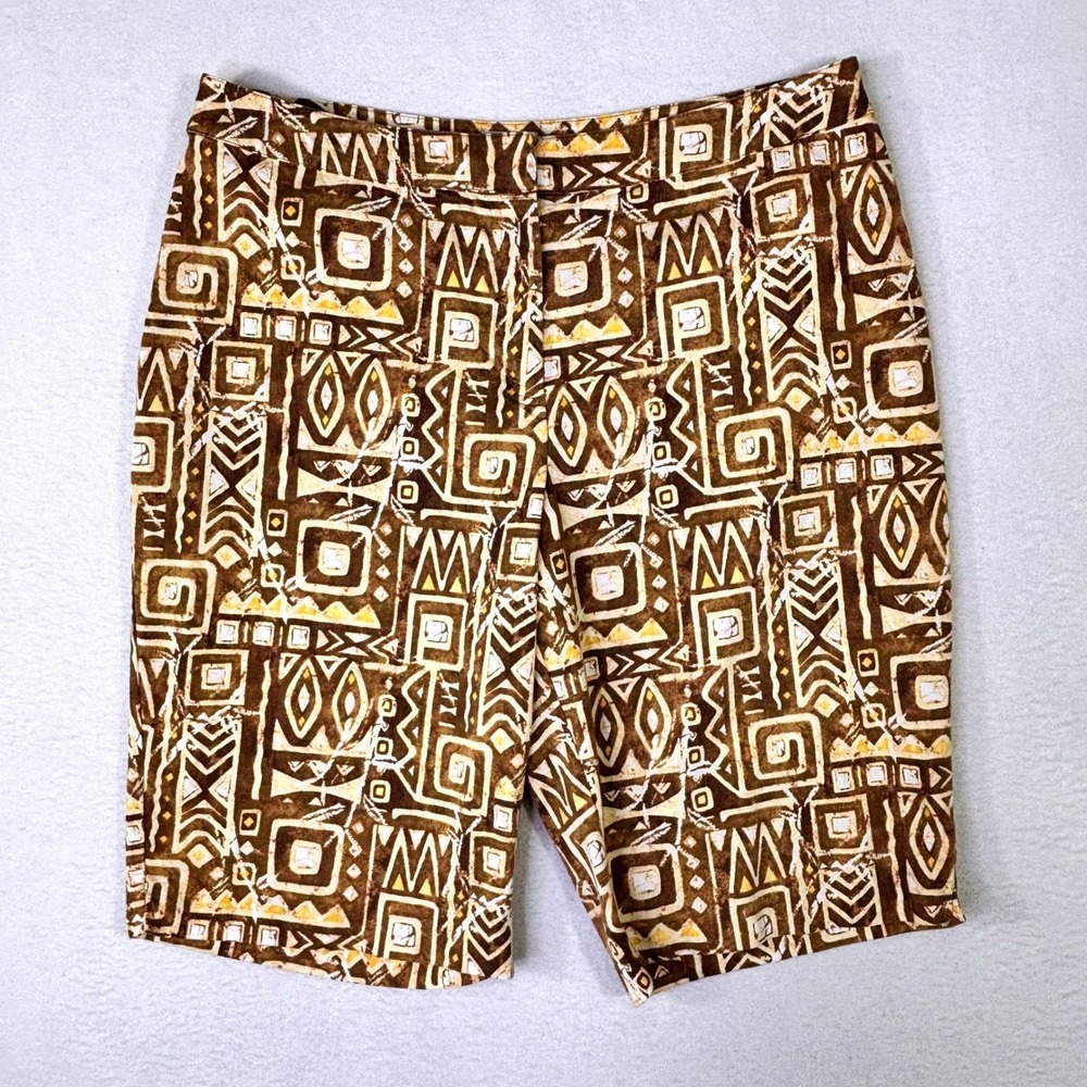 Chico's Tribal Geometric Print Shorts Brown Tan Yellow Stretch Size 2